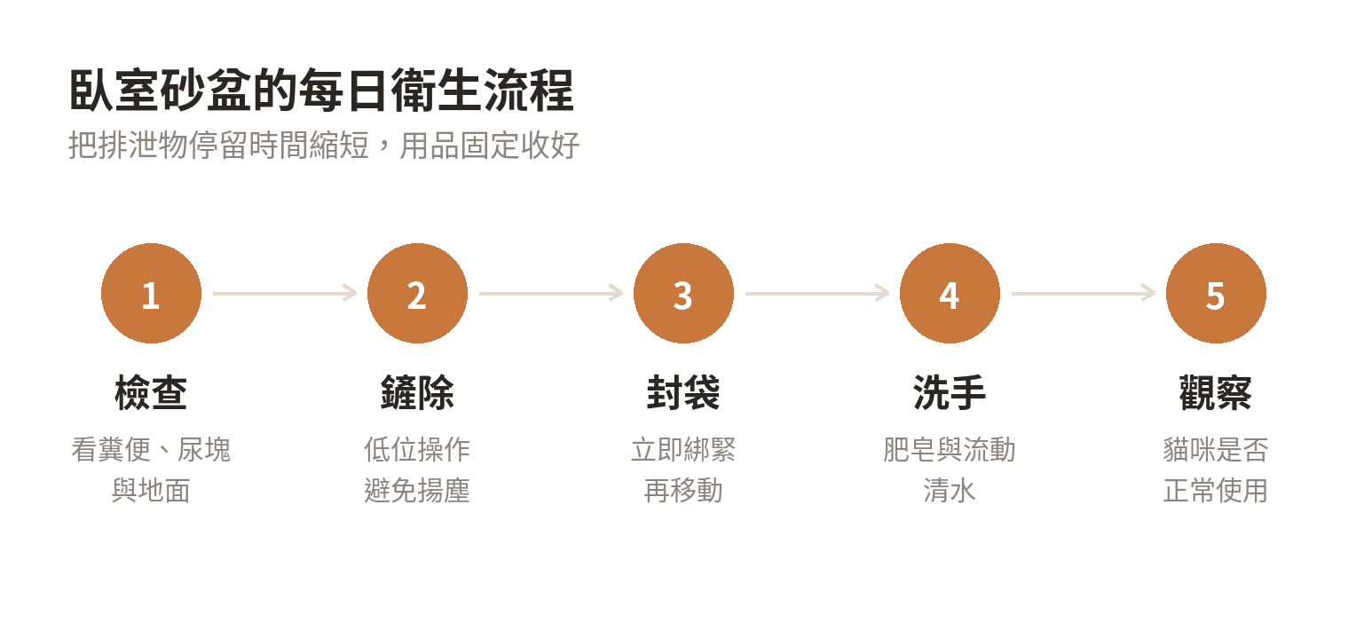 砂盆放臥室的每日衛生流程：檢查、鏟除、封袋、洗手與觀察貓咪使用情況