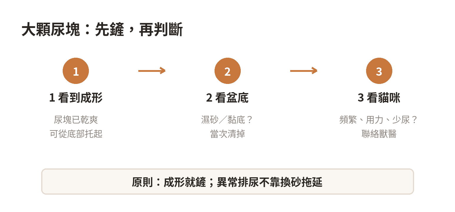 大顆尿塊從觀察、鏟除到健康警訊的處理流程