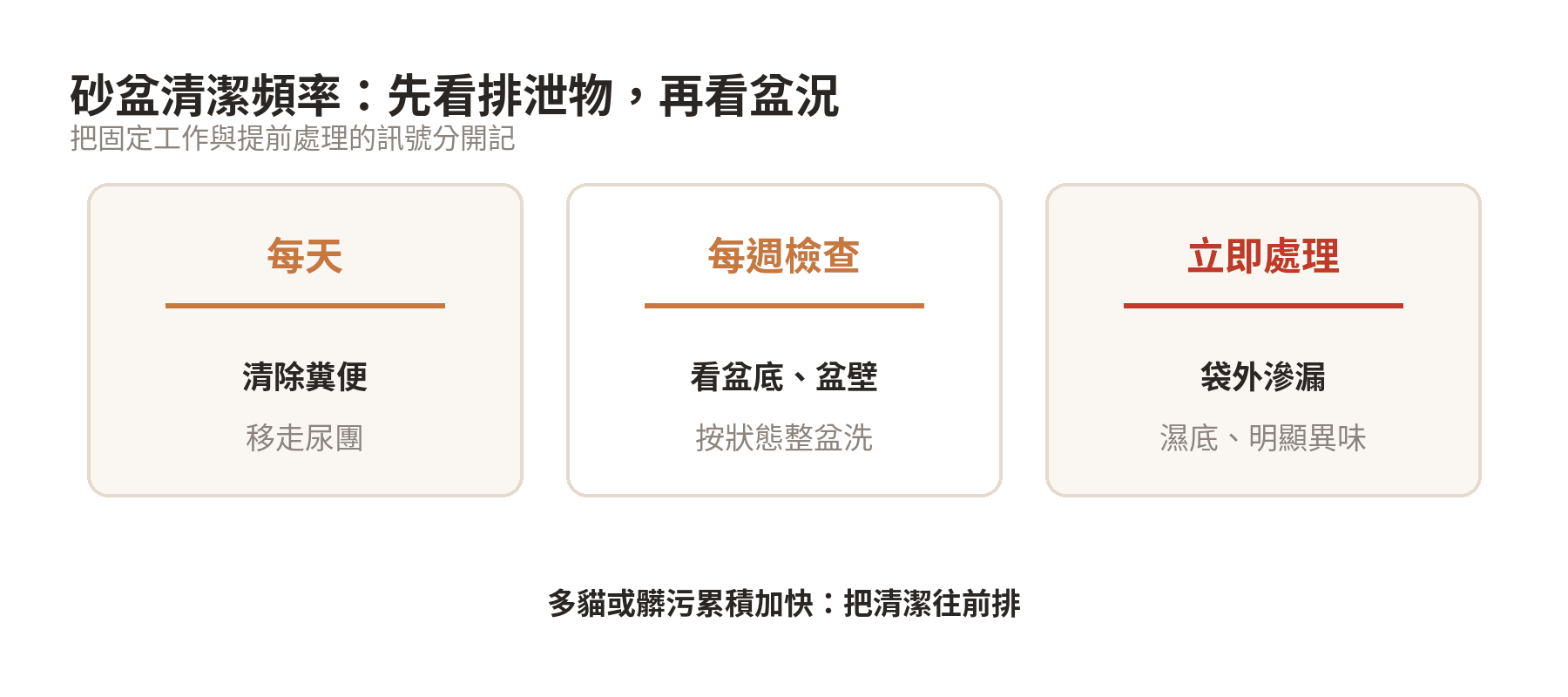 洗砂盆會不會把細菌帶到家裡?清潔動線 砂盆清潔分成每天清除、每週清洗與遇到滲漏異味立即處理的頻率安排