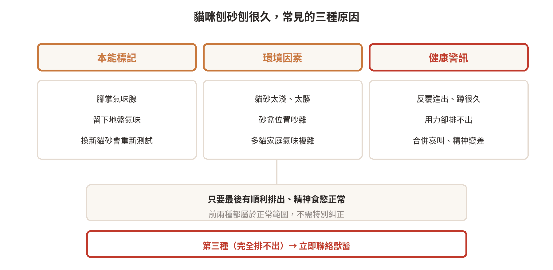 貓咪刨砂時間長短的常見原因與對照，分為本能標記、環境壓力與健康警訊三類