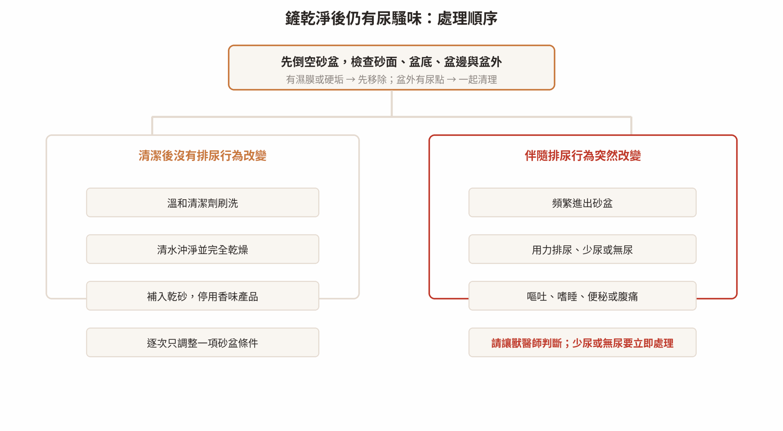 貓砂尿騷味處理流程：先清空檢查砂盆，再依是否有排尿行為改變決定清潔或就醫