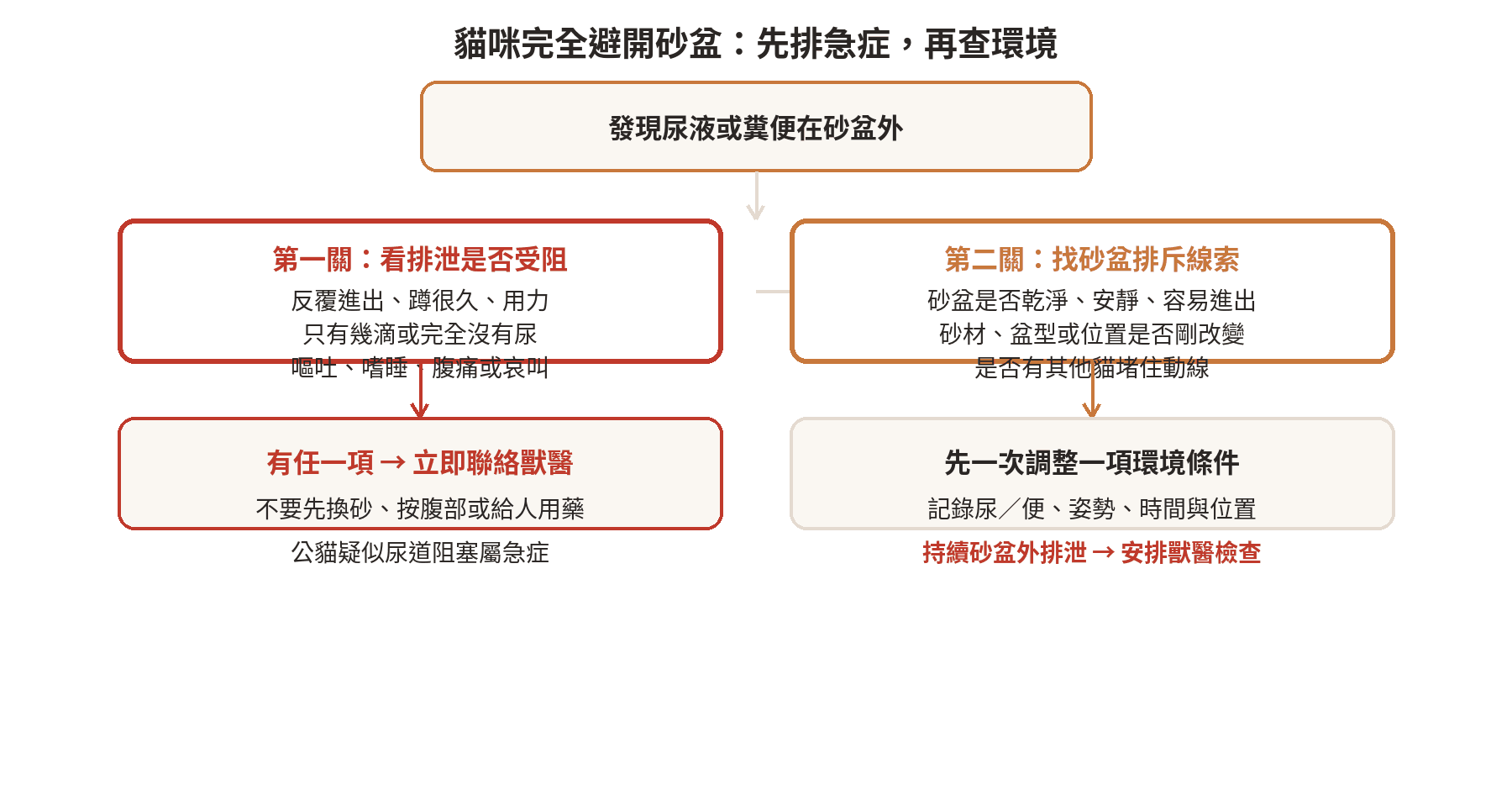貓咪完全不在砂盆上廁所有哪些原因 貓咪完全避開砂盆時,先排除急症再檢查環境的判斷流程