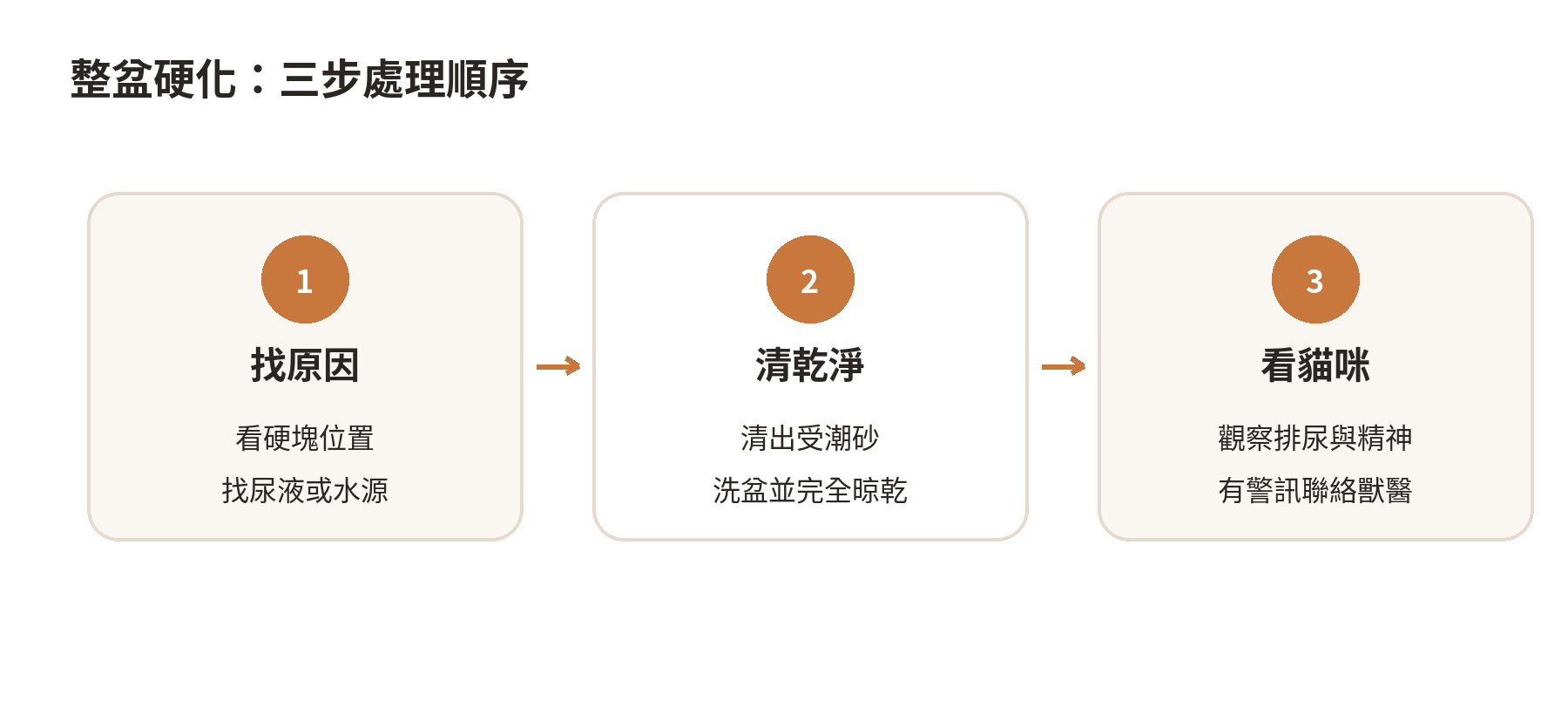 整盆貓砂結成硬邦邦一大塊是怎麼回事?怎麼避免 處理砂盆整體硬化的三步流程:找出水分來源、清除受潮砂並乾燥砂盆、觀察貓咪狀態與聯絡獸醫