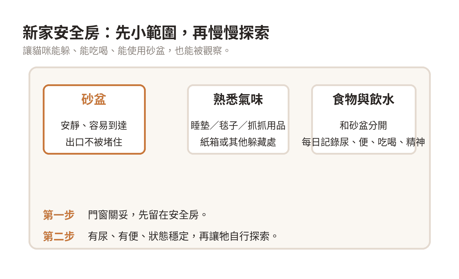 換環境後貓咪不使用砂盆要等多久才正常? 搬家後貓咪安全房配置:砂盆、食物飲水、熟悉物品、躲藏處與觀察記錄