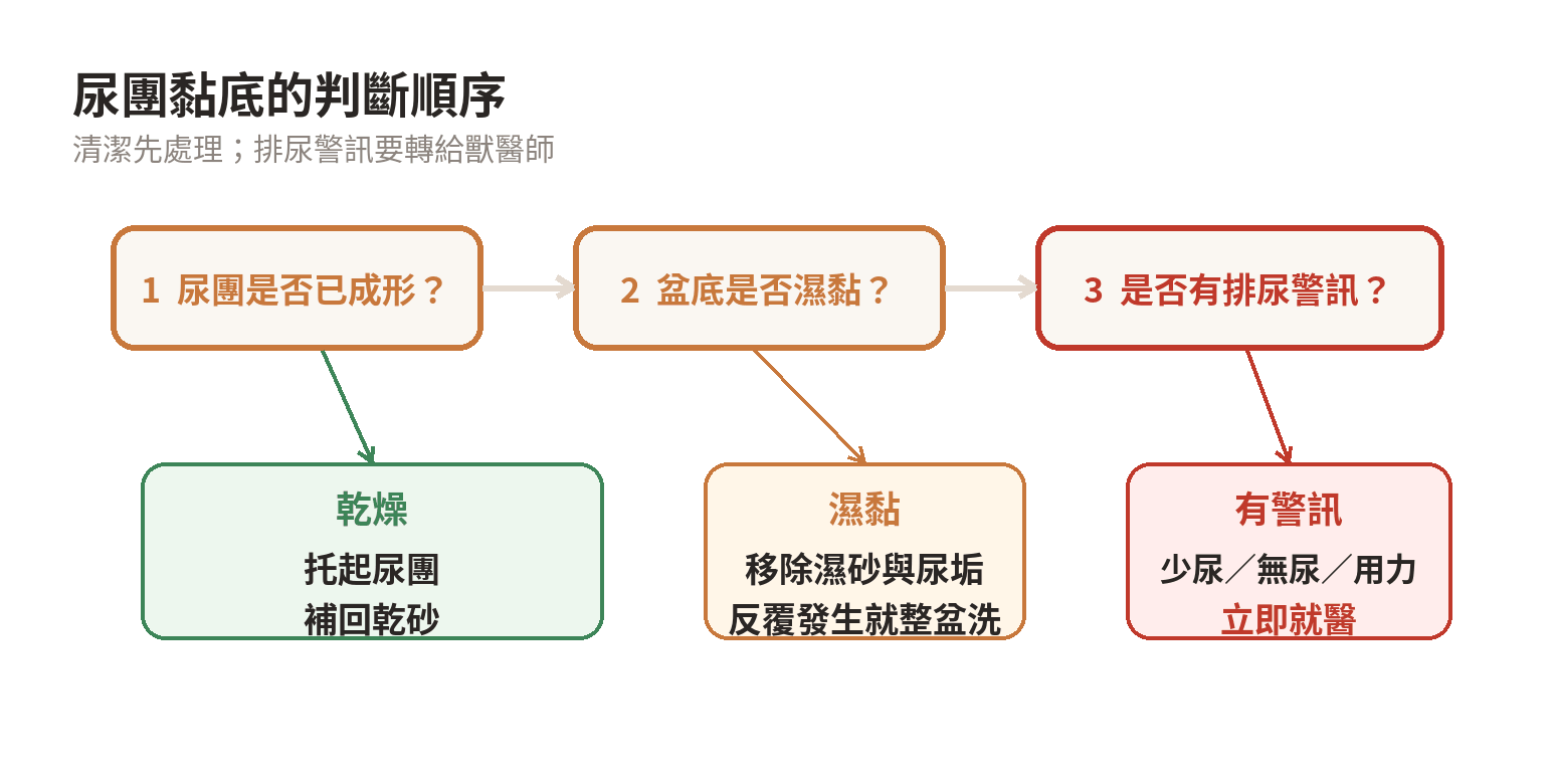 依尿團黏底、盆底狀態與排尿警訊安排清理或就醫的判斷流程