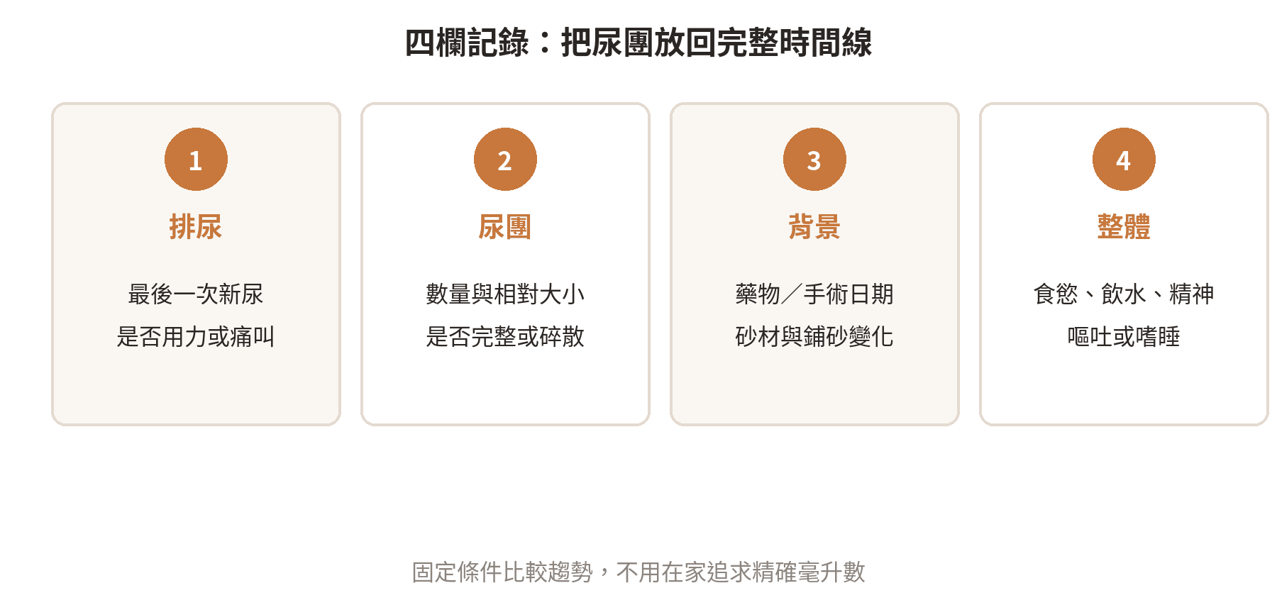 藥後與術後尿團觀察的四欄記錄清單：排尿、尿團、背景與整體狀態